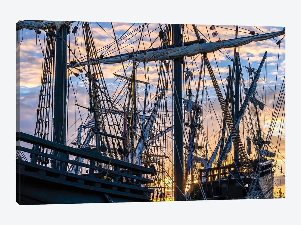 Tall ships against sky at sunrise, Rosmeur Harbour in Douarnenez city, Finistere, Brittany, France by Panoramic Images 1-piece Canvas Art