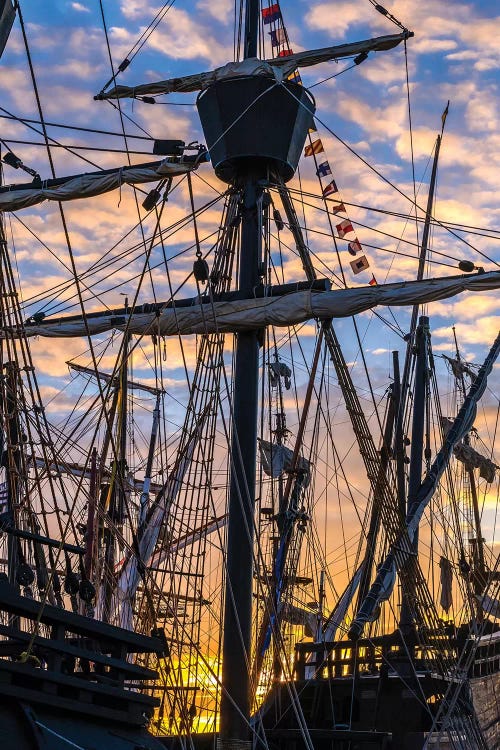 Tall ships against sky at sunrise, Rosmeur Harbour in Douarnenez city, Finistere, Brittany, France