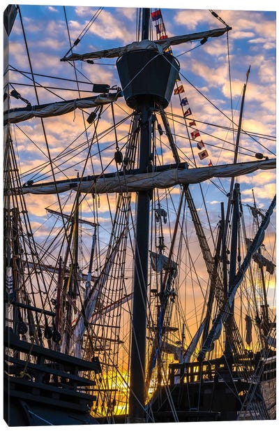 Tall ships against sky at sunrise, Rosmeur Harbour in Douarnenez city, Finistere, Brittany, France Canvas Art Print - Brittany