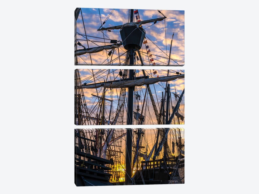 Tall ships against sky at sunrise, Rosmeur Harbour in Douarnenez city, Finistere, Brittany, France by Panoramic Images 3-piece Art Print