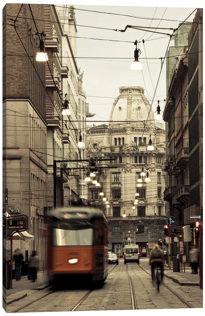 Tram on a street, Piazza Del Duomo, Milan, Lombardy, Italy Canvas Art Print - Milan Art