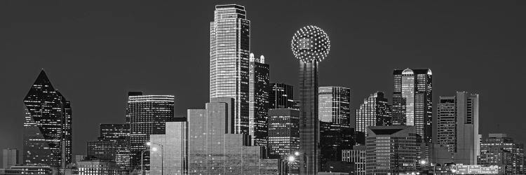 USA, Texas, Dallas, Panoramic view of an urban skyline at night BW, Black and White