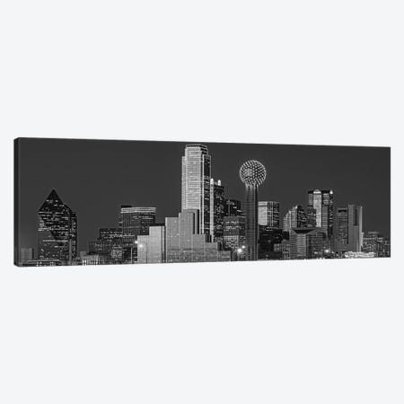 USA, Texas, Dallas, Panoramic view of an urban skyline at night BW, Black and White Canvas Print #PIM15816} by Panoramic Images Canvas Artwork