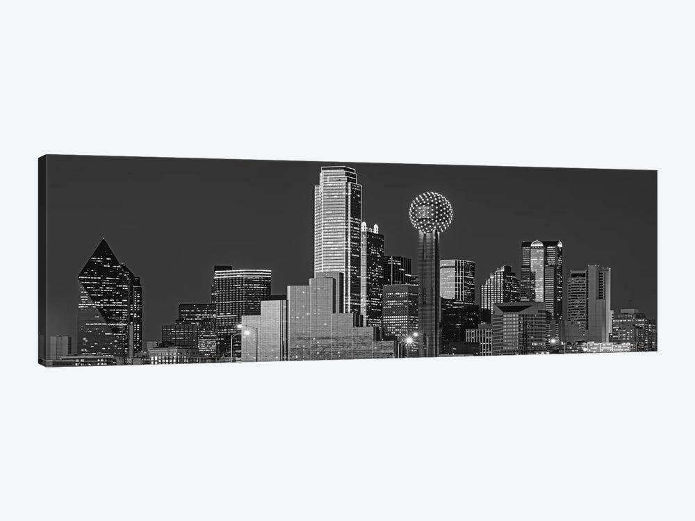 USA, Texas, Dallas, Panoramic view of an urban skyline at night BW, Black and White by Panoramic Images 1-piece Canvas Artwork