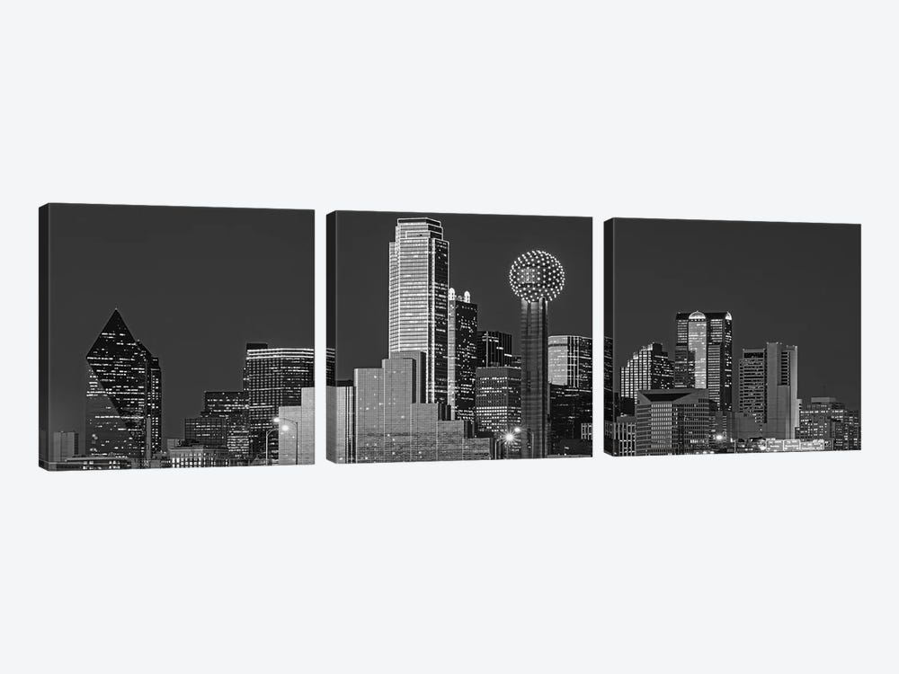USA, Texas, Dallas, Panoramic view of an urban skyline at night BW, Black and White by Panoramic Images 3-piece Canvas Artwork