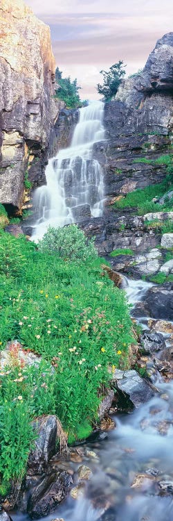 View of waterfall comes into rocky river, Broken Falls, East Face, Mount Teewinot, Grand Teton National Park, Wyoming, USA