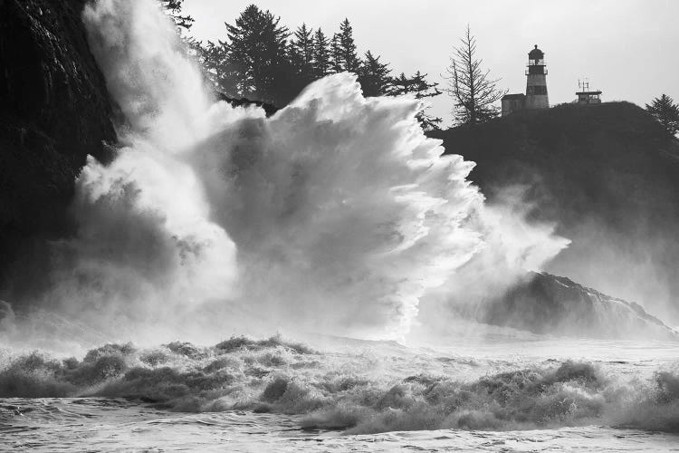 Wave crashing over cliff, Cape Disappointment, Oregon, USA