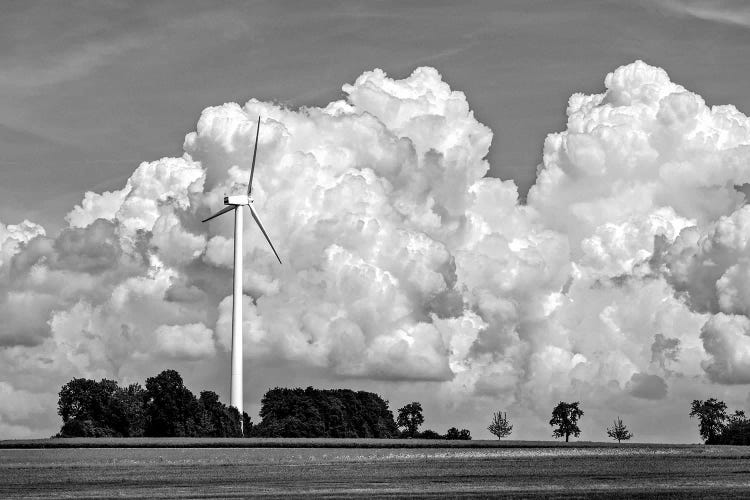 Wind turbine with cumulus cloud, Baden Wurttemberg, Germany