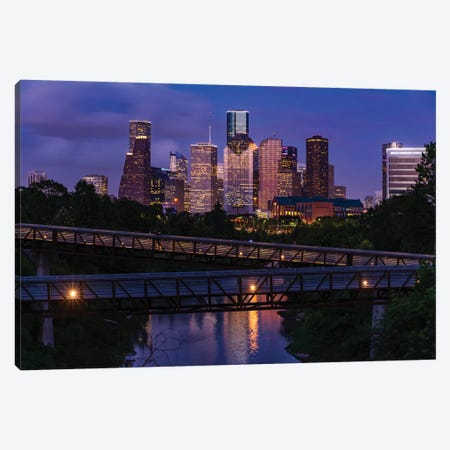 Elevated Walkway Over Buffalo Bayou At Night With Downtown Skyline In Background, Houston, Texas, USA Canvas Print #PIM15892} by Panoramic Images Art Print
