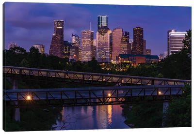 Elevated Walkway Over Buffalo Bayou At Night With Downtown Skyline In Background, Houston, Texas, USA Canvas Art Print - Houston Skylines