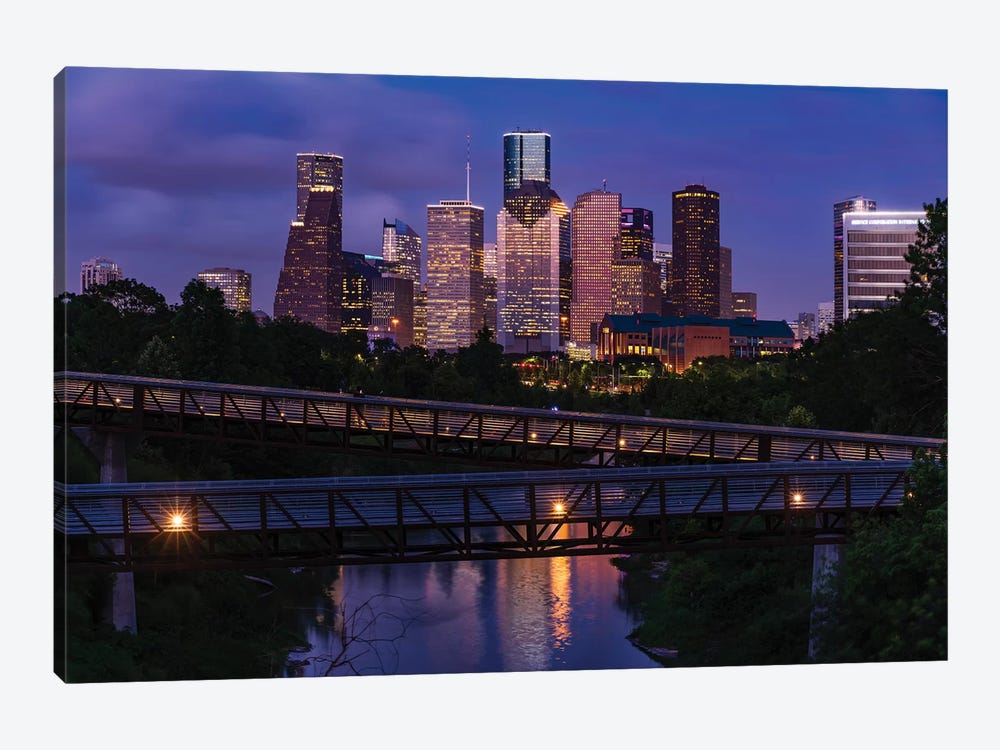 Elevated Walkway Over Buffalo Bayou At Night With Downtown Skyline In Background, Houston, Texas, USA by Panoramic Images 1-piece Canvas Wall Art