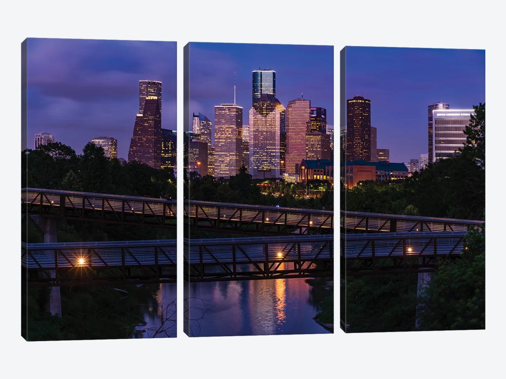 Elevated Walkway Over Buffalo Bayou At Night With Downtown Skyline In Background, Houston, Texas, USA by Panoramic Images 3-piece Canvas Wall Art