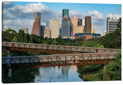 Elevated Walkway Over Buffalo Bayou With Downtown Skyline In Background, Houston, Texas, USA Canvas Art Print - Texas Art