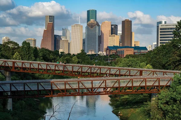 Elevated Walkway Over Buffalo Bayou With Downtown Skyline In Background, Houston, Texas, USA