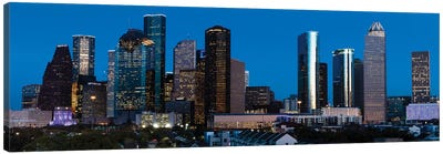 High Rise Buildings In Houston Cityscape Illuminated At Sunset, Houston, Texas Canvas Art Print - City Sunrise & Sunset Art