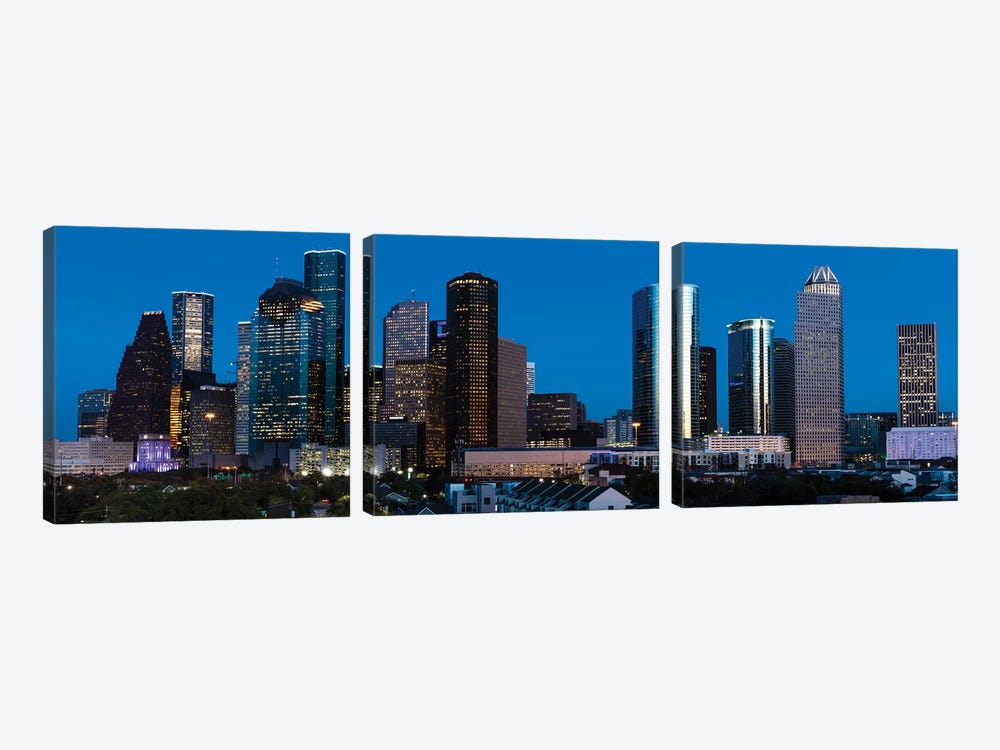High Rise Buildings In Houston Cityscape Illuminated At Sunset, Houston, Texas by Panoramic Images 3-piece Canvas Art