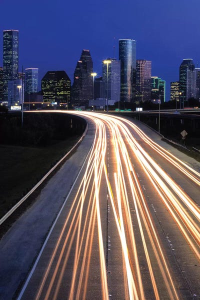 Houston Skylines: Light Trails On Road, Houston, Texas, USA by Panoramic Images