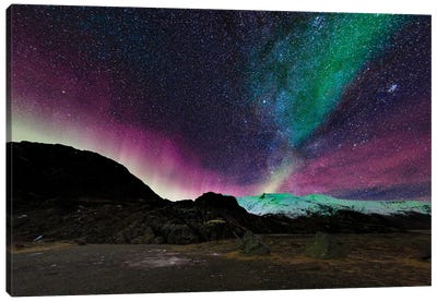 Aurora Borealis And The Milky Way Over Hoffellsjokull Glacier, Iceland Canvas Art Print - Galaxy Art