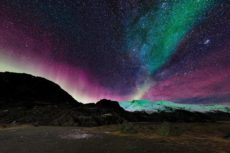 Aurora Borealis And The Milky Way Over Hoffellsjokull Glacier, Iceland