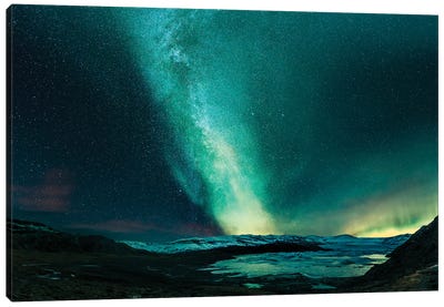 Aurora Borealis And The Milky Way, Hoffellsjokull Glacier, Iceland Canvas Art Print - Milky Way Galaxy Art