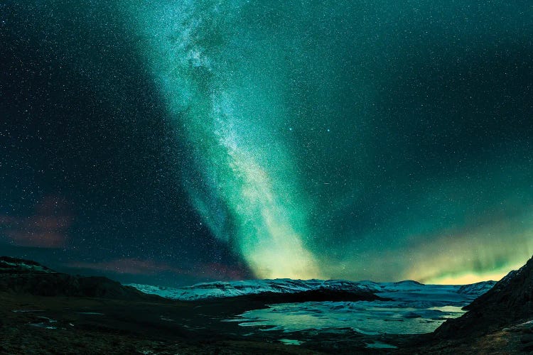 Aurora Borealis And The Milky Way, Hoffellsjokull Glacier, Iceland