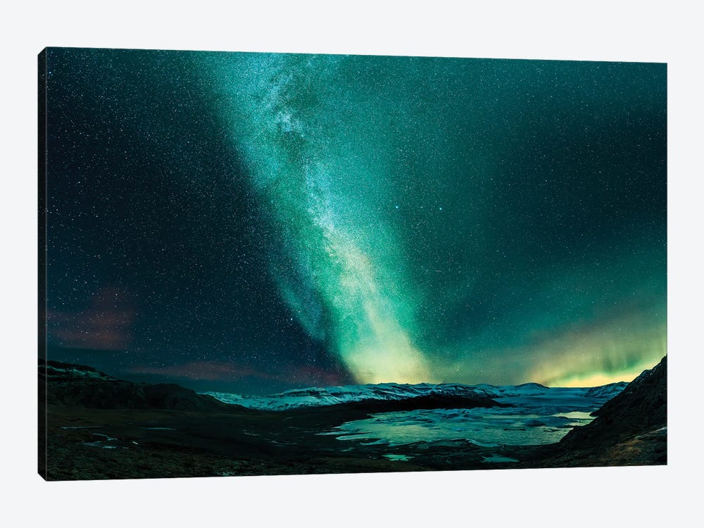 Aurora Borealis And The Milky Way, Hoffellsjokull Glacier, Iceland by Panoramic Images 1-piece Canvas Art Print