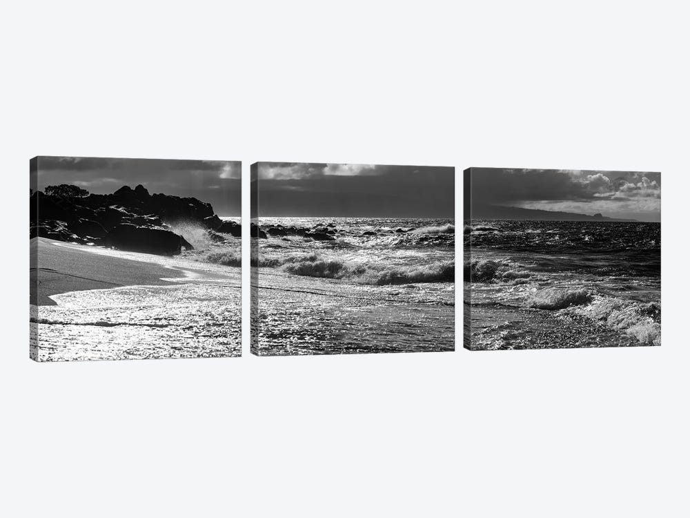 Black And White Landscape With Beach And Waves In Sea, Maui, Hawaii Islands, USA by Panoramic Images 3-piece Canvas Wall Art