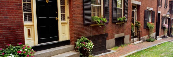 Massachusetts: Potted plants outside a house, Acorn Street, Beacon Hill, Boston, Massachusetts, USA by Panoramic Images