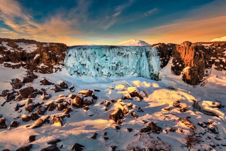 Frozen Oxararfoss Waterfall, Thingvellir National Park, Iceland