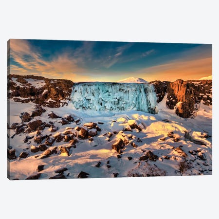 Frozen Oxararfoss Waterfall, Thingvellir National Park, Iceland Canvas Print #PIM15953} by Panoramic Images Canvas Wall Art