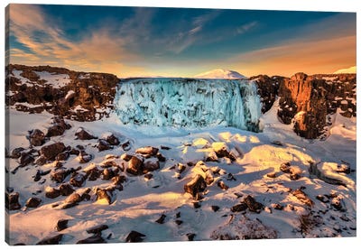 Frozen Oxararfoss Waterfall, Thingvellir National Park, Iceland Canvas Art Print
