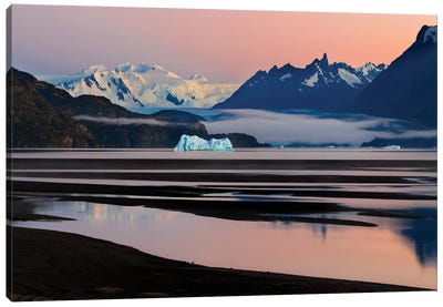 Grey Glacier And Grey Lake At Sunset, Torres Del Paine National Park, Chile Canvas Art Print - Chile Art