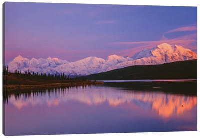 Landscape With Lake And Snowcapped Denali Mountain At Sunset, Denali National Park, Alaska, USA Canvas Art Print - Denali National Park & Preserve Art