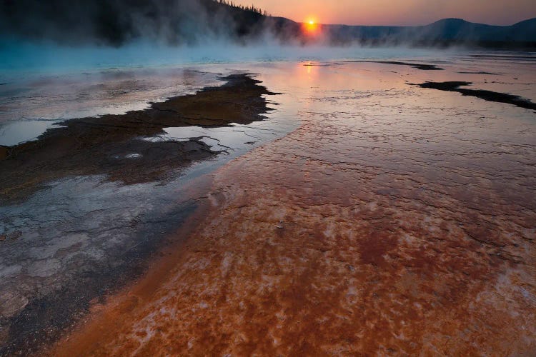 Landscape With View Of Grand Prismatic Spring At Sunrise, Yellowstone National Park, Wyoming, USA