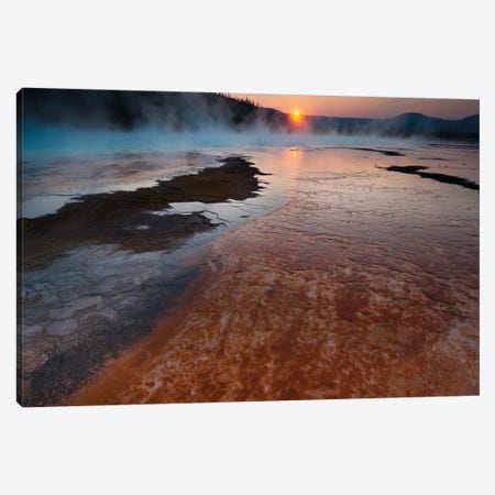 Landscape With View Of Grand Prismatic Spring At Sunrise, Yellowstone National Park, Wyoming, USA Canvas Print #PIM15984} by Panoramic Images Canvas Wall Art