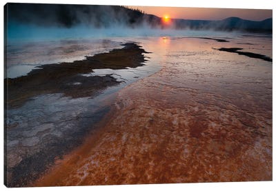 Landscape With View Of Grand Prismatic Spring At Sunrise, Yellowstone National Park, Wyoming, USA Canvas Art Print - Yellowstone National Park Art