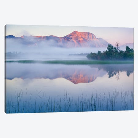Lower Waterton Lake And Vimy Peak In Fog At Sunrise, Waterton Glacier International Peace Park, Canada Canvas Print #PIM15992} by Panoramic Images Canvas Wall Art