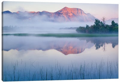 Lower Waterton Lake And Vimy Peak In Fog At Sunrise, Waterton Glacier International Peace Park, Canada Canvas Art Print