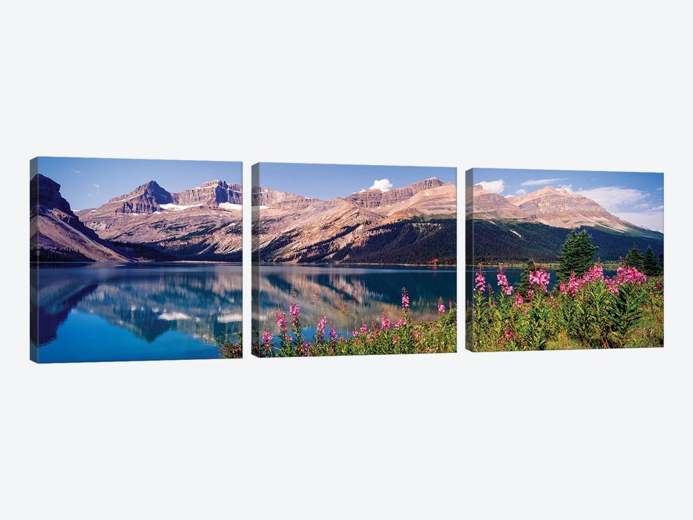 Reflection Of Mountain In A Lake, Bow Lake, Mt. Jimmy Simpson, Alberta, Canada by Panoramic Images 3-piece Canvas Print