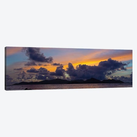 Silhouetted Fishing Boat In Sea At Sunset With Praslin Island In Background, La Digue, Seychelles Canvas Print #PIM16025} by Panoramic Images Canvas Art Print