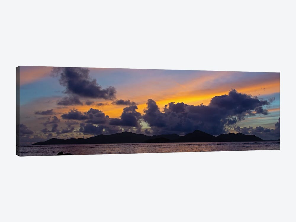 Silhouetted Fishing Boat In Sea At Sunset With Praslin Island In Background, La Digue, Seychelles by Panoramic Images 1-piece Art Print