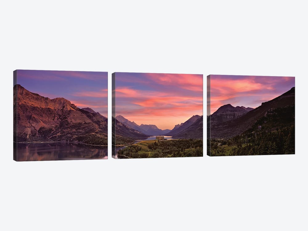 Sunset Over Prince Of Wales Hotel In Waterton Lakes National Park, Alberta, Canada by Panoramic Images 3-piece Canvas Artwork