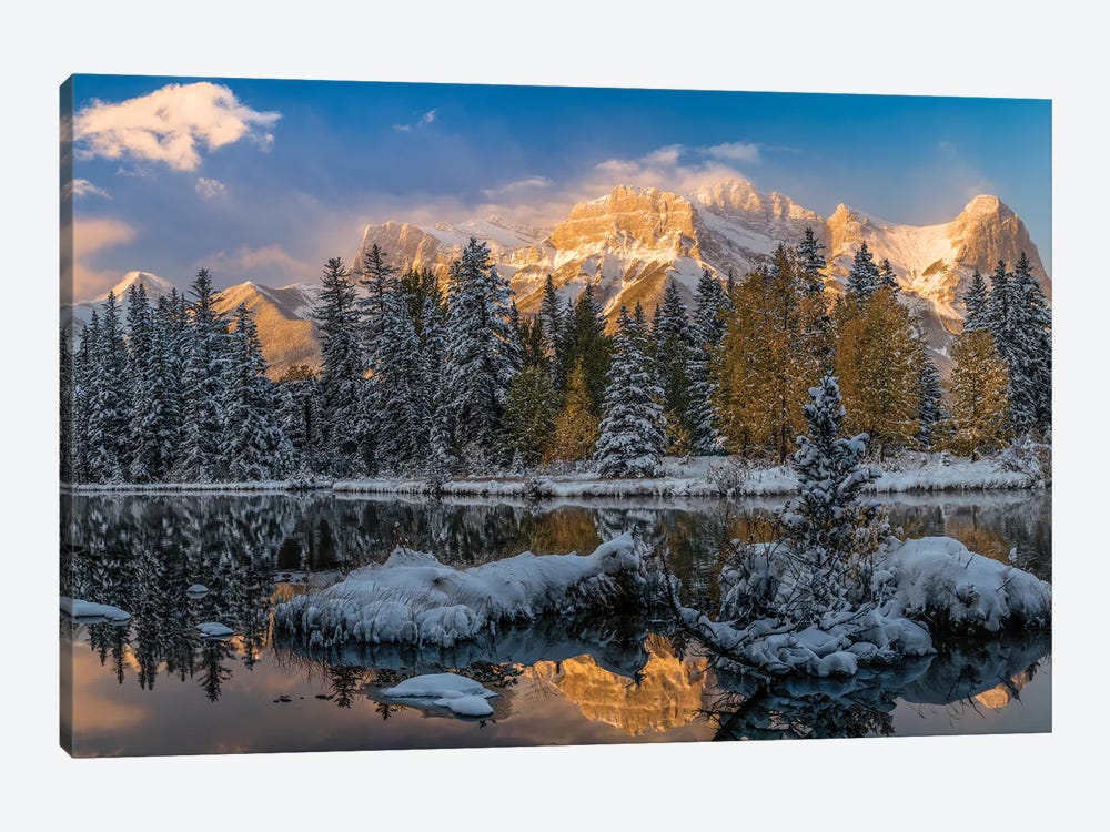 View Of Lake And Mountains, Spring Creek Pond, Alberta, Canada by Panoramic Images 1-piece Canvas Wall Art