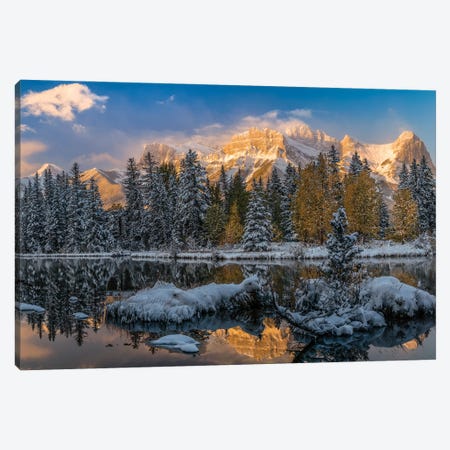 View Of Lake And Mountains, Spring Creek Pond, Alberta, Canada Canvas Print #PIM16062} by Panoramic Images Canvas Artwork