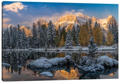 View Of Lake And Mountains, Spring Creek Pond, Alberta, Canada Canvas Art Print