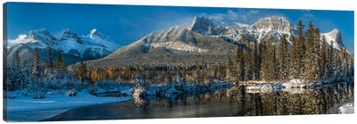 View Of Lake And Mountains, Spring Creek Pond, Alberta, Canada Canvas Art Print