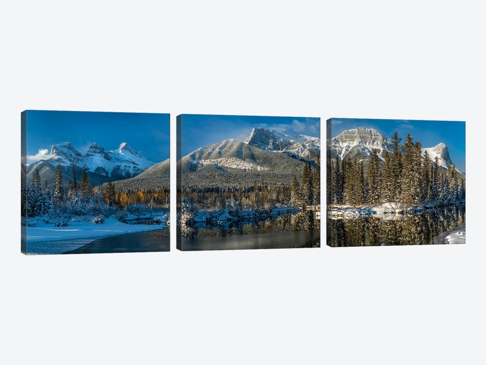 View Of Lake And Mountains, Spring Creek Pond, Alberta, Canada by Panoramic Images 3-piece Canvas Art Print