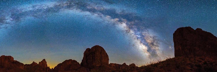 Landscape With Rock Formations In Desert Under Milky Way Galaxy In Sky, Kofa Queen Canyon, Arizona, USA