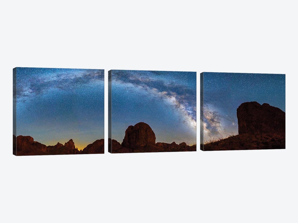 Landscape With Rock Formations In Desert Under Milky Way Galaxy In Sky, Kofa Queen Canyon, Arizona, USA by Panoramic Images 3-piece Canvas Art