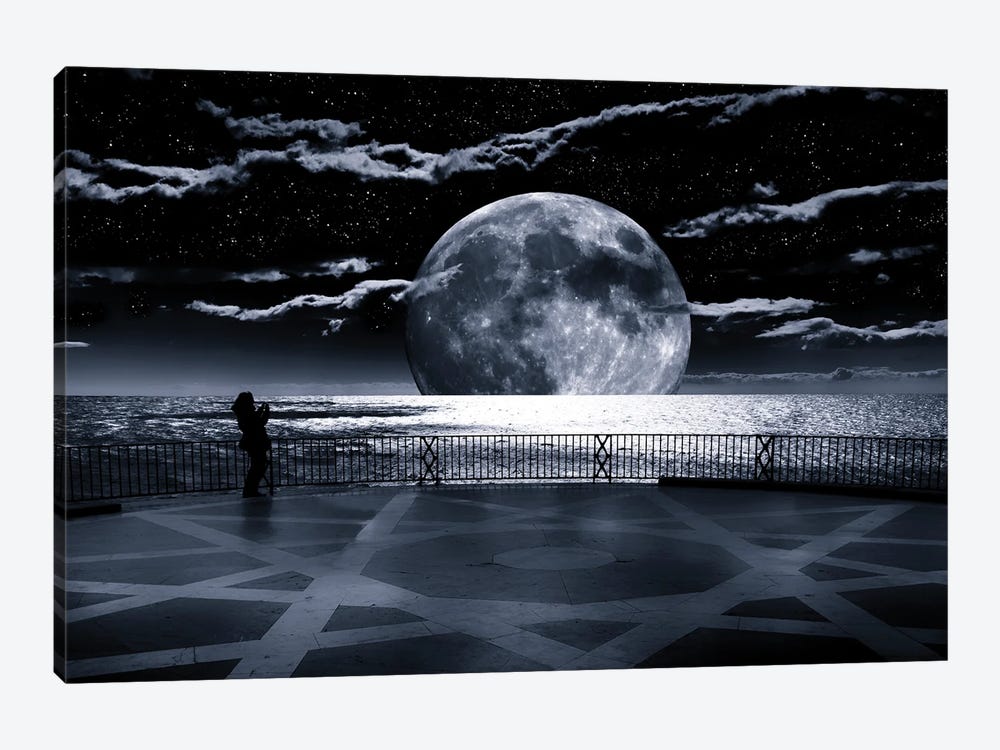 A Computer Generated Image Of A Super Moon Over The Mediterranean. Balcon De Europa, Nerja, Malaga Province, Andalucia, Spain by Panoramic Images 1-piece Canvas Print